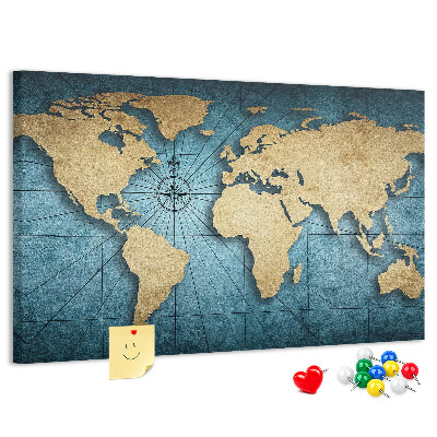 Korktafel mit Motiv einer antiken Weltkarte mit Kompass