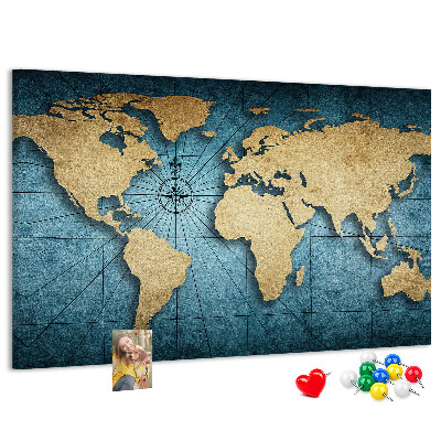 Korktafel mit Motiv einer antiken Weltkarte mit Kompass