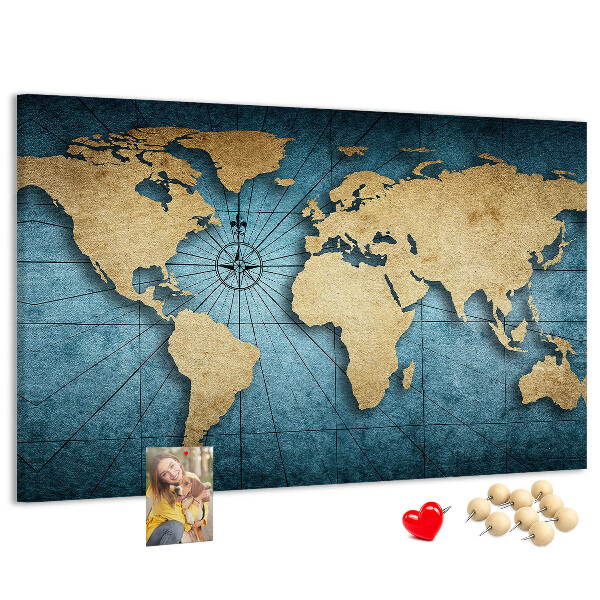 Korktafel mit Motiv einer antiken Weltkarte mit Kompass
