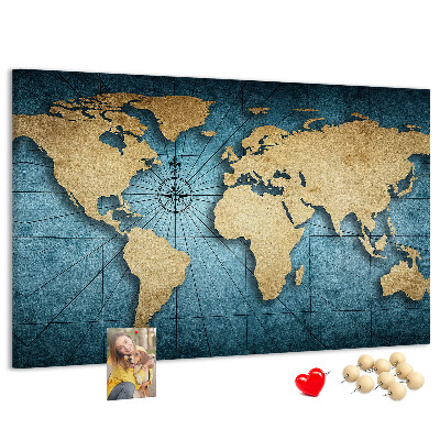 Korktafel mit Motiv einer antiken Weltkarte mit Kompass
