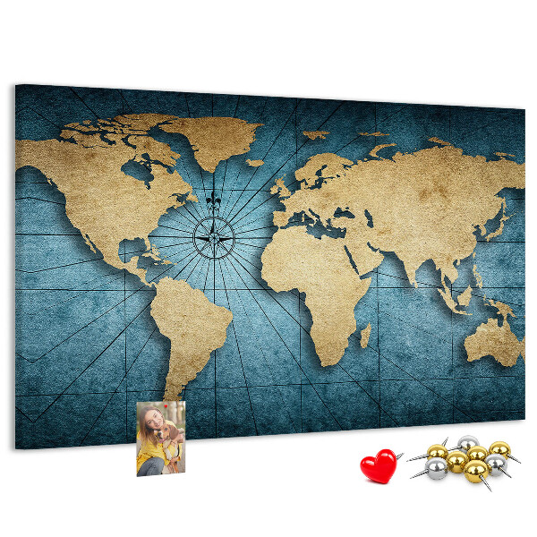 Korktafel mit Motiv einer antiken Weltkarte mit Kompass