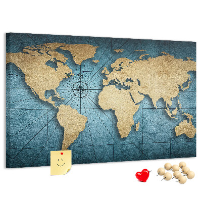 Korktafel mit Motiv einer antiken Weltkarte mit Kompass