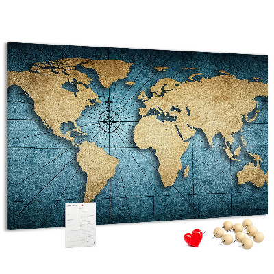 Korktafel mit Motiv einer antiken Weltkarte mit Kompass