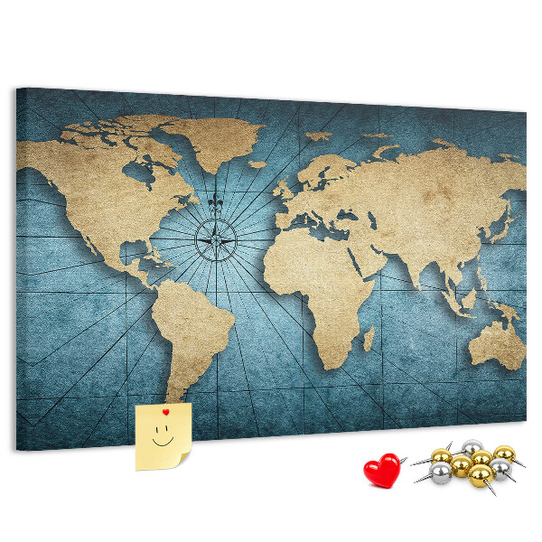 Korktafel mit Motiv einer antiken Weltkarte mit Kompass