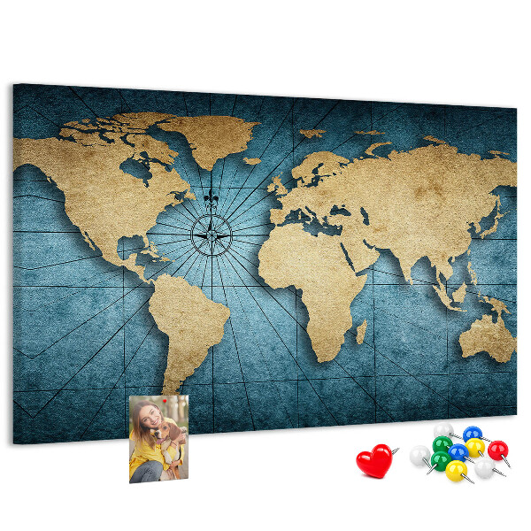 Korktafel mit Motiv einer antiken Weltkarte mit Kompass
