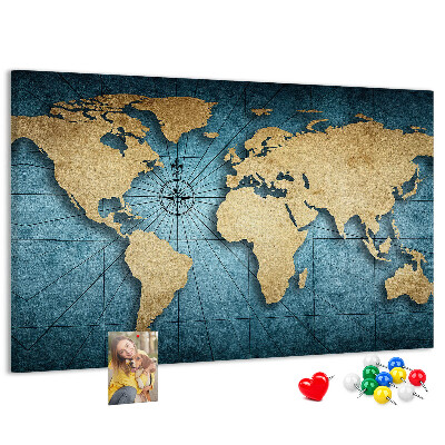 Korktafel mit Motiv einer antiken Weltkarte mit Kompass