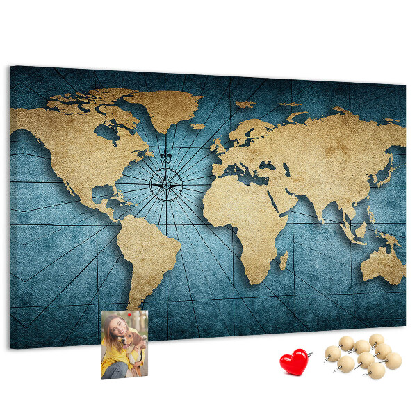 Korktafel mit Motiv einer antiken Weltkarte mit Kompass