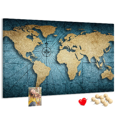 Korktafel mit Motiv einer antiken Weltkarte mit Kompass