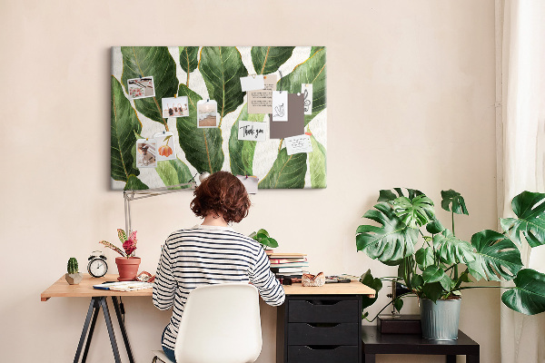 Korktafel mit Motiv tropische Blätter in Grüntönen
