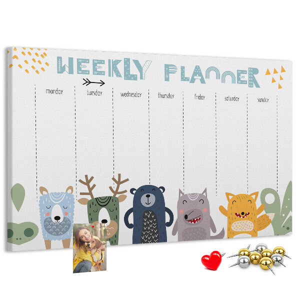Bunter Wochenplaner mit Tieren als Korkbild