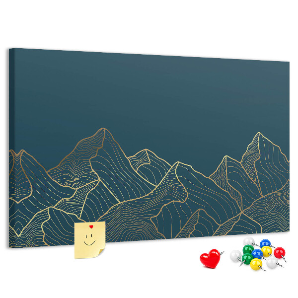 Kork-Pinnwand mit goldenen Bergumrissen auf dunklem Hintergrund