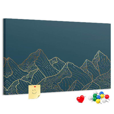 Kork-Pinnwand mit goldenen Bergumrissen auf dunklem Hintergrund