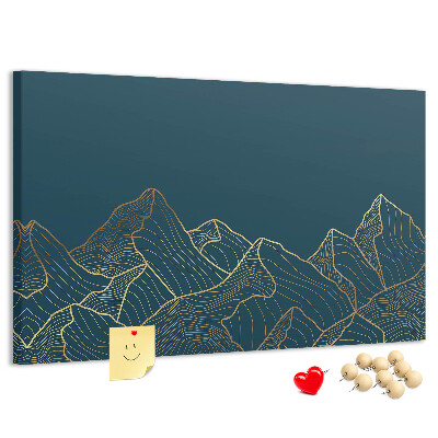 Kork-Pinnwand mit goldenen Bergumrissen auf dunklem Hintergrund