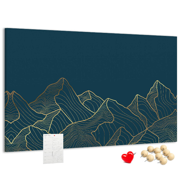 Kork-Pinnwand mit goldenen Bergumrissen auf dunklem Hintergrund