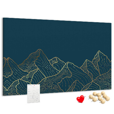 Kork-Pinnwand mit goldenen Bergumrissen auf dunklem Hintergrund