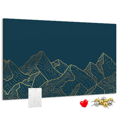 Kork-Pinnwand mit goldenen Bergumrissen auf dunklem Hintergrund