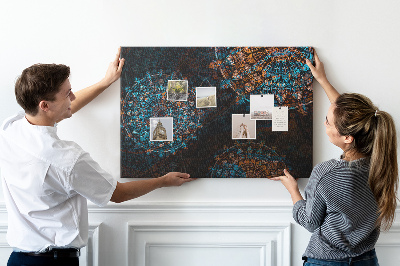 Kork-Pinnwand mit Motiv komplexer Mandalas in Blau- und Brauntönen