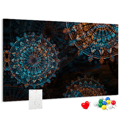 Kork-Pinnwand mit Motiv komplexer Mandalas in Blau- und Brauntönen