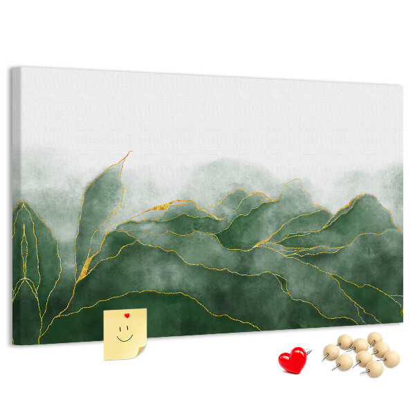 Bilder mit Korkrückwand goldene Akzente auf grünen Blättern