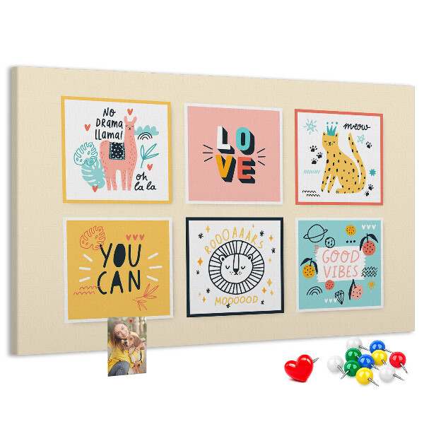 Korktafel mit farbenfrohen Grafiken und positiven Slogans