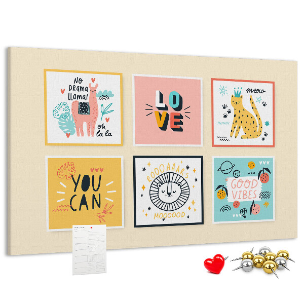 Korktafel mit farbenfrohen Grafiken und positiven Slogans