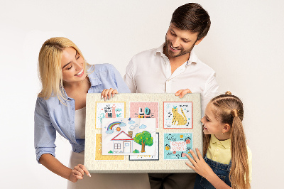 Korktafel mit farbenfrohen Grafiken und positiven Slogans