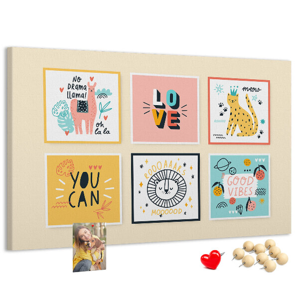 Korktafel mit farbenfrohen Grafiken und positiven Slogans