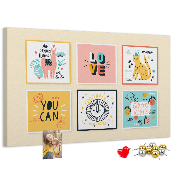 Korktafel mit farbenfrohen Grafiken und positiven Slogans