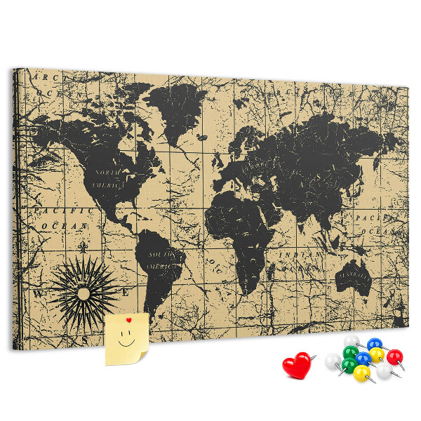 Korktafel mit Motiv einer antiken Weltkarte in Schwarz und Gold