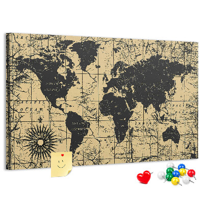 Korktafel mit Motiv einer antiken Weltkarte in Schwarz und Gold