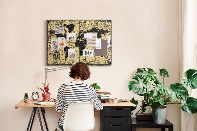 Korktafel mit Motiv einer antiken Weltkarte in Schwarz und Gold