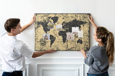 Korktafel mit Motiv einer antiken Weltkarte in Schwarz und Gold