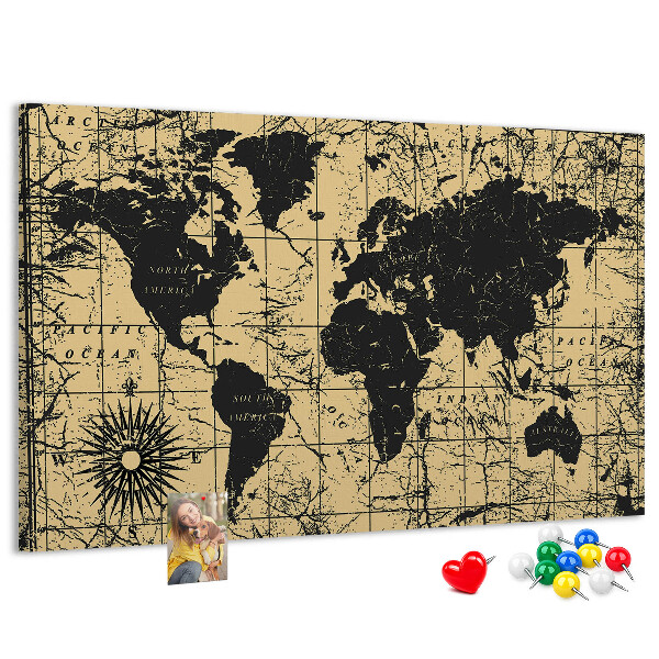 Korktafel mit Motiv einer antiken Weltkarte in Schwarz und Gold