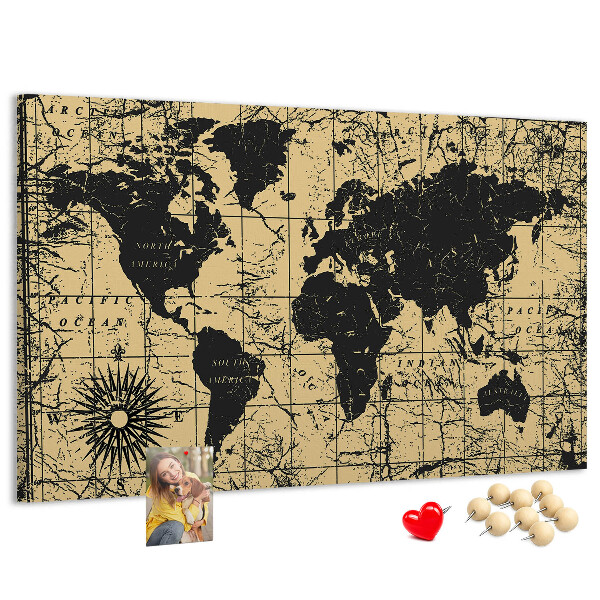 Korktafel mit Motiv einer antiken Weltkarte in Schwarz und Gold