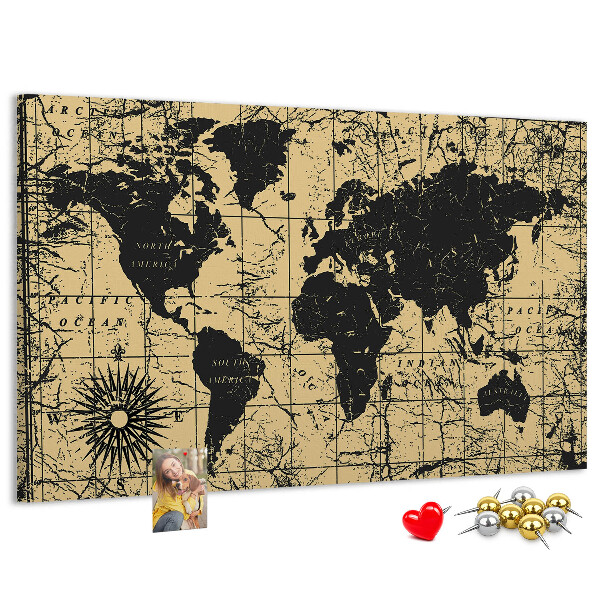 Korktafel mit Motiv einer antiken Weltkarte in Schwarz und Gold