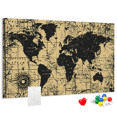 Korktafel mit Motiv einer antiken Weltkarte in Schwarz und Gold