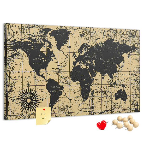 Korktafel mit Motiv einer antiken Weltkarte in Schwarz und Gold