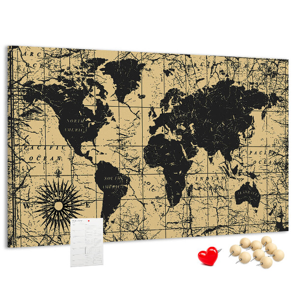 Korktafel mit Motiv einer antiken Weltkarte in Schwarz und Gold