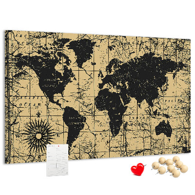Korktafel mit Motiv einer antiken Weltkarte in Schwarz und Gold
