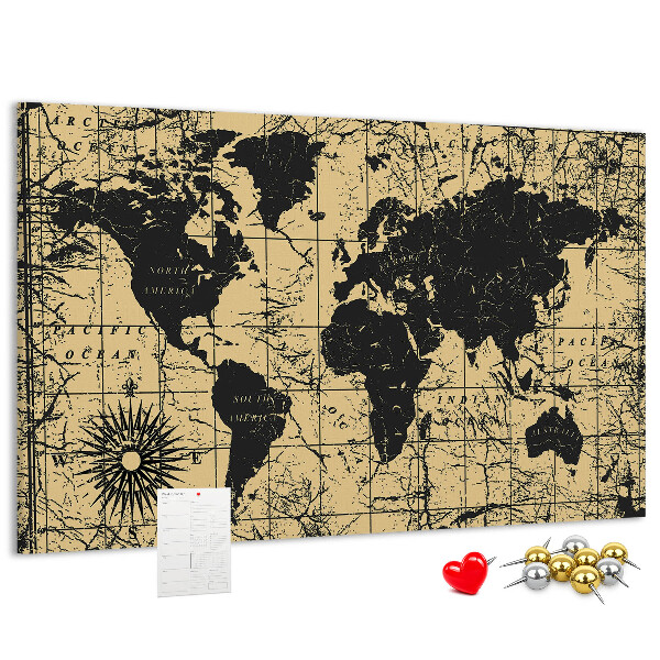 Korktafel mit Motiv einer antiken Weltkarte in Schwarz und Gold
