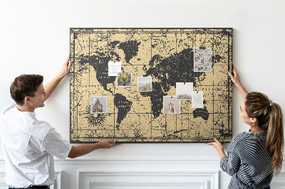 Korktafel mit Motiv einer antiken Weltkarte in Schwarz und Gold