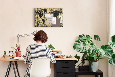 Korktafel mit Motiv einer antiken Weltkarte in Schwarz und Gold