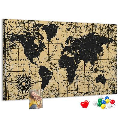 Korktafel mit Motiv einer antiken Weltkarte in Schwarz und Gold