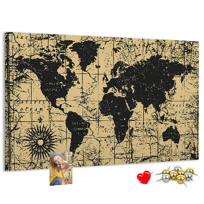Korktafel mit Motiv einer antiken Weltkarte in Schwarz und Gold