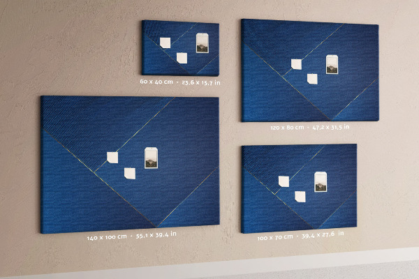 Korkbild mit eleganten geometrischen Mustern in Blautönen