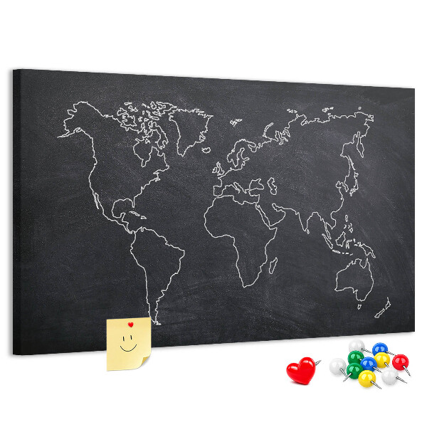 Weltkarte mit Korkrückwand auf einem Tafelhintergrund