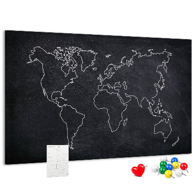 Weltkarte mit Korkrückwand auf einem Tafelhintergrund