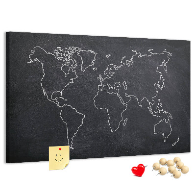 Weltkarte mit Korkrückwand auf einem Tafelhintergrund