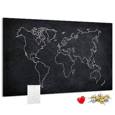 Weltkarte mit Korkrückwand auf einem Tafelhintergrund