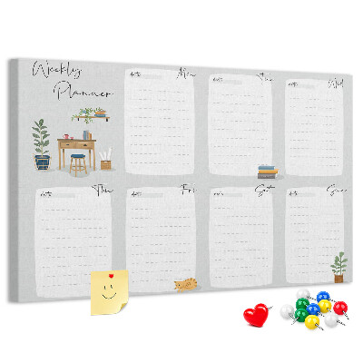 Korktafel mit Wochenplaner-Aufdruck und Pflanzenmotiven